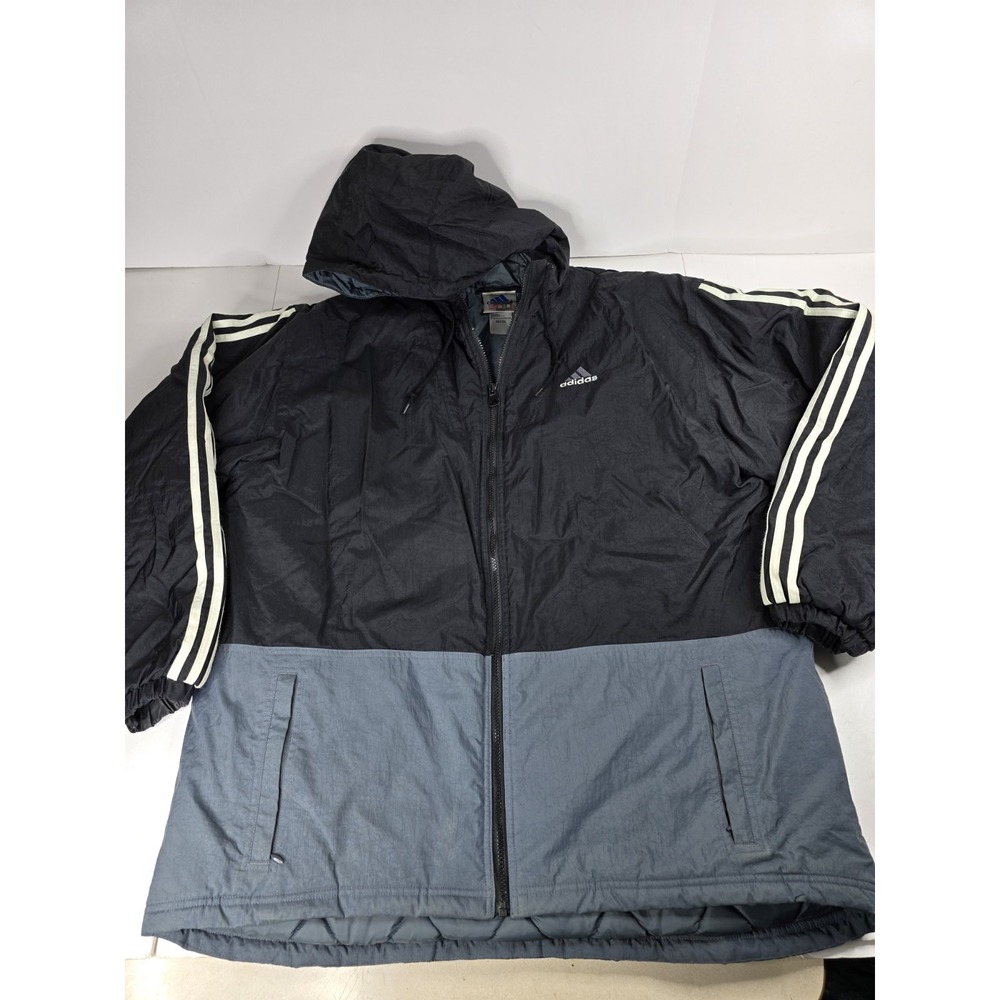 Vintage Adidas Black Gray Winter Hooded Oversized Quilted Jacket Mens Size Large
